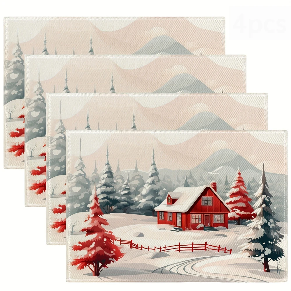 Winter Cabin Snow Scenery Printed Placemats Snowy Forest Table Decor Holiday Cottage Tray Display Warm Dining Home Decor