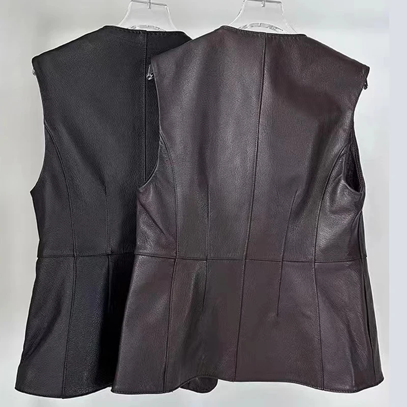 Women Lambskin Single Breasted Female Genuine Leather Round Neck Slim Fit Tank Top Streetwear Sleeveless Jacket Chaleco Mujer