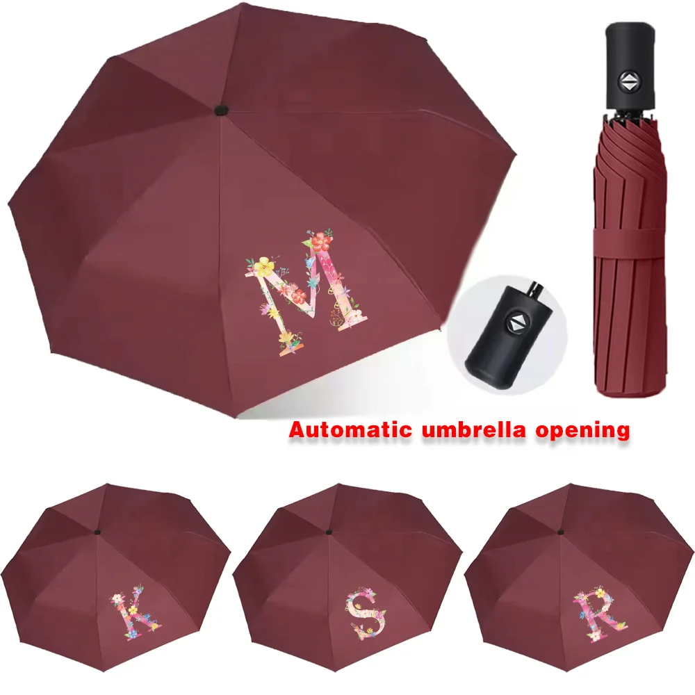 

Automatic Umbrellas for Sunshine Rainy Windproof Strong Umbrella Folding Large Buckle Handle Double Bone Resistant Pink Print