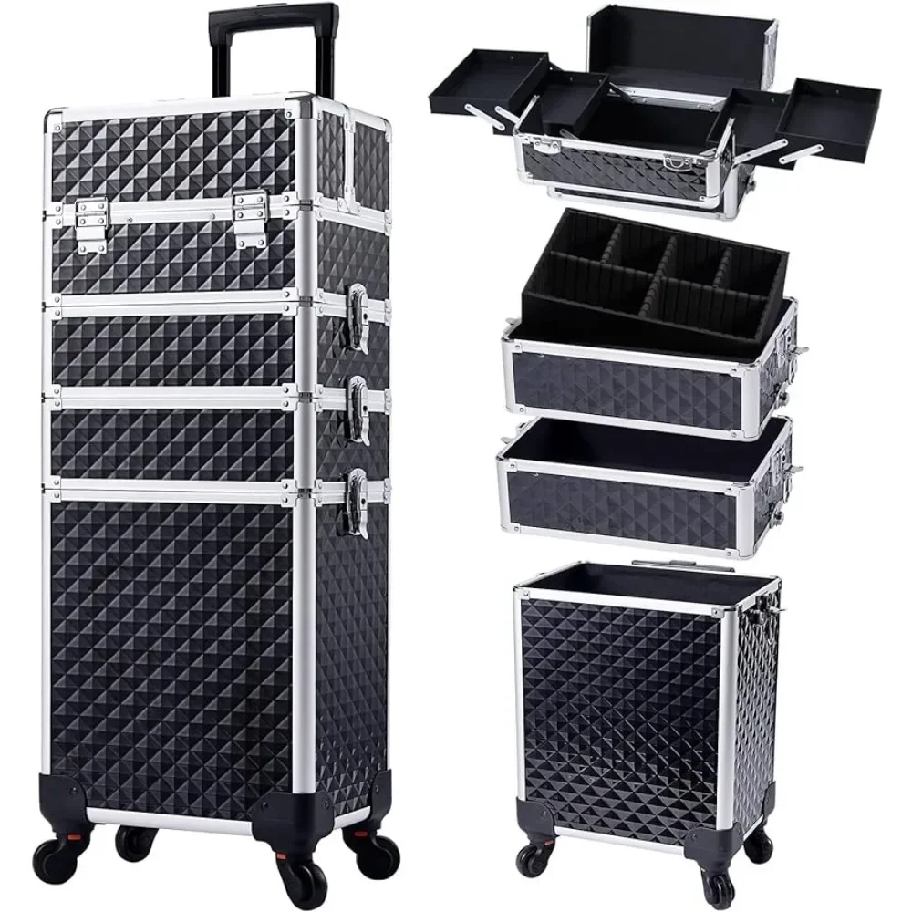 Rolling Makeup Train Case Large Storage Cosmetic Trolley 4 in 1  Capacity   Travel  with Key