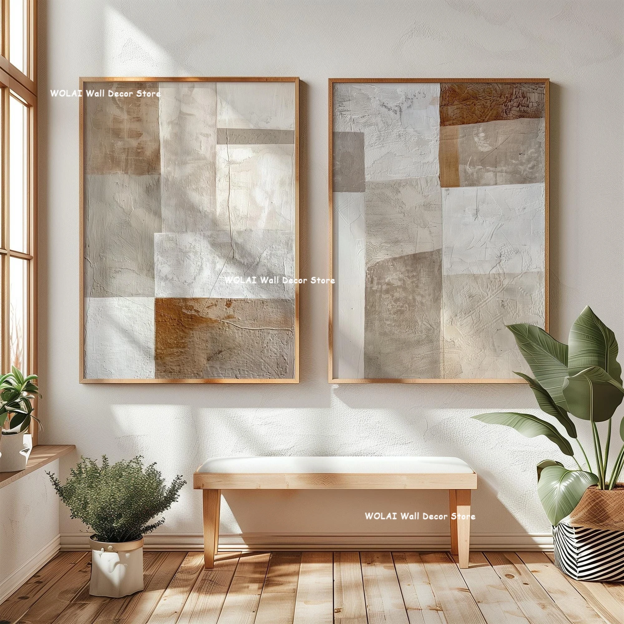 2 stks/set Beige Abstract Geometrisch Kleurblok Canvas Print Minimalistische Klei Kunst Textuur Muur Poster voor Woonkamer Decor