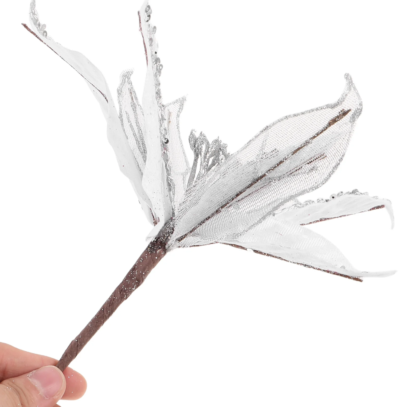 

6pcs Artificial Poinsettia Flowers 22Cm Silver Glitter Christmas Decor Indoor Outdoor Home Wedding Holiday Decoration Xmas Tree