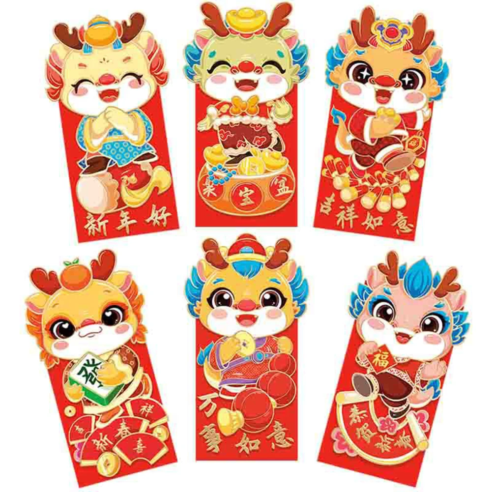 YOUZI 6Pcs New Year Red Envelopes Chinese NEW Year Of Dragon Cartoon Red Pocket Envelopes For Party Spring Festival NEW YEAR