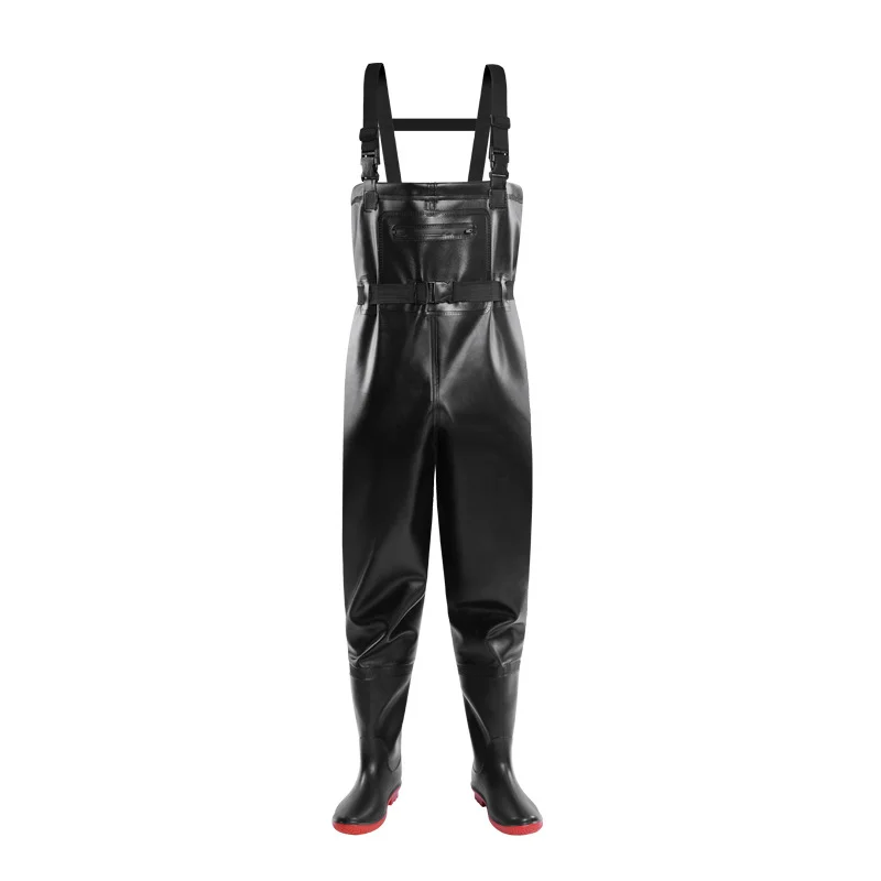 Durable PVC Fishing Pants Waterproof Leather Straps Half-body Protection Wading Suit Jumpsuit with One-Piece Shoes