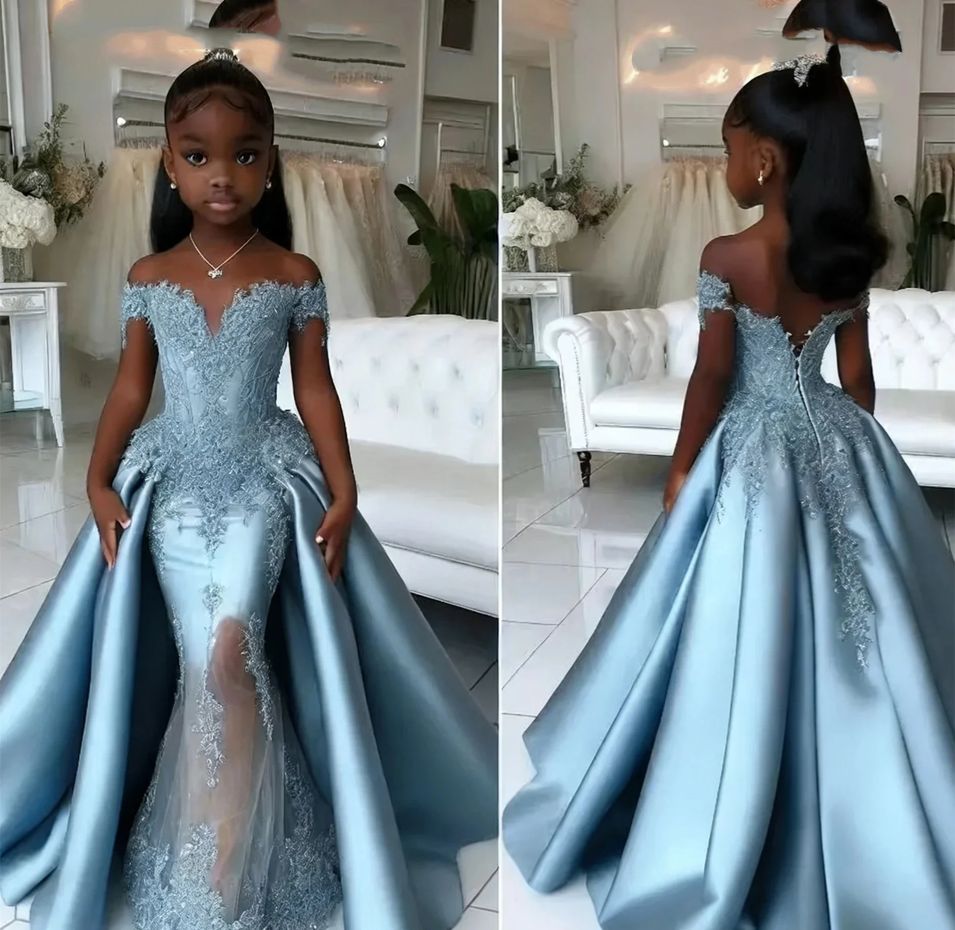 Custom Flower Girl Dress Wedding Dress First Christmas Dress Party Dress Off Shoulder Lace Mermaid Princess Kids Formal Dress