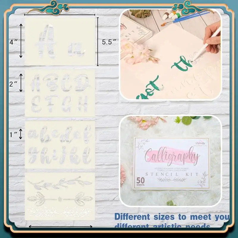 (جديد) - مجموعة رسم حروف أبجدية استنسل الخط مكونة من 50 قطعة - أبجدية استنسل مخطوطة قابلة لإعادة الاستخدام تتضمن حروف وأرقام