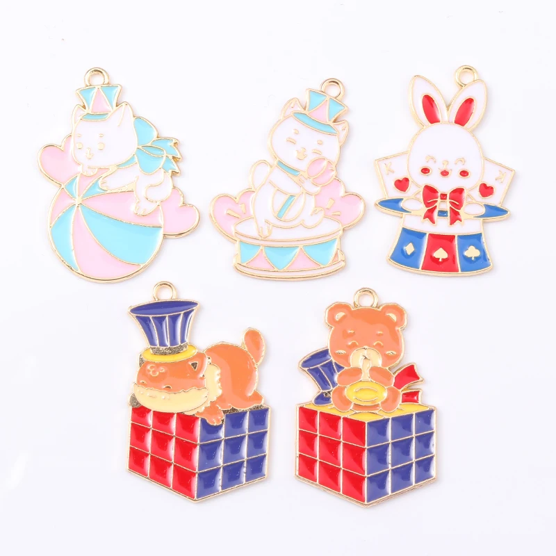 5pcs Cute Circus Cartoon Animals Enamel Charms Funny Playing Animals Pendants For Making Handmade DIY Jewelry Accessories