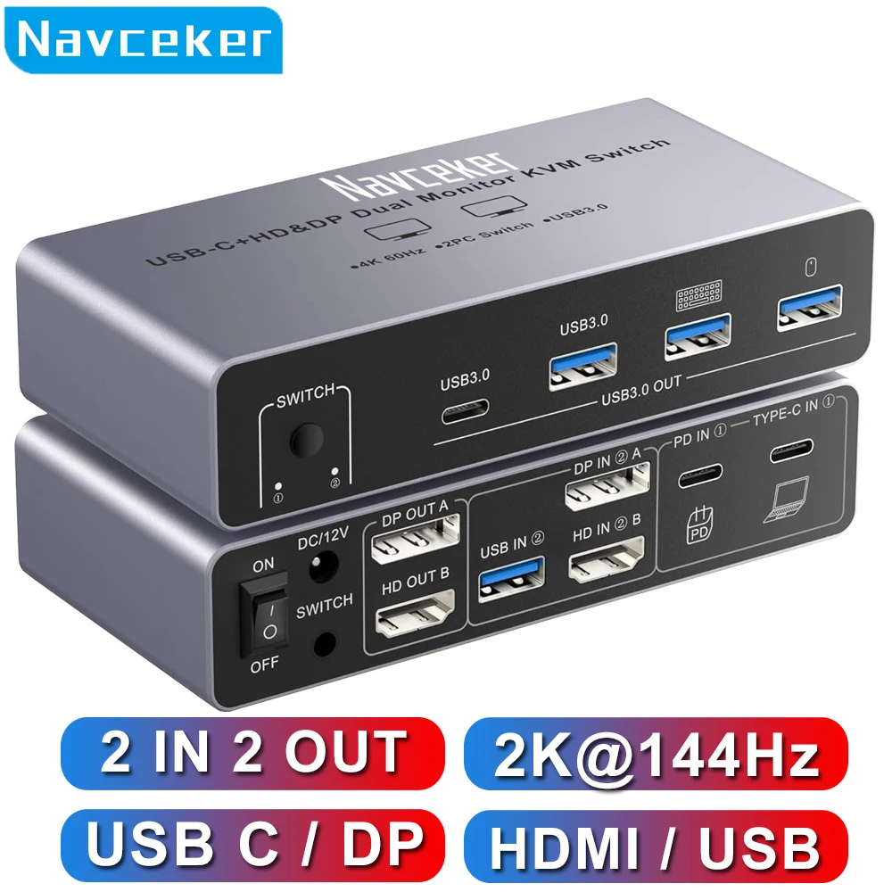 Navceker USB C HDMI DP KVM Switch 2K 144Hz Dual Monitors 4K Type C ThunderBolt KVM Switch USB 3.0 for 1 PC 1 Laptop 2 Screens