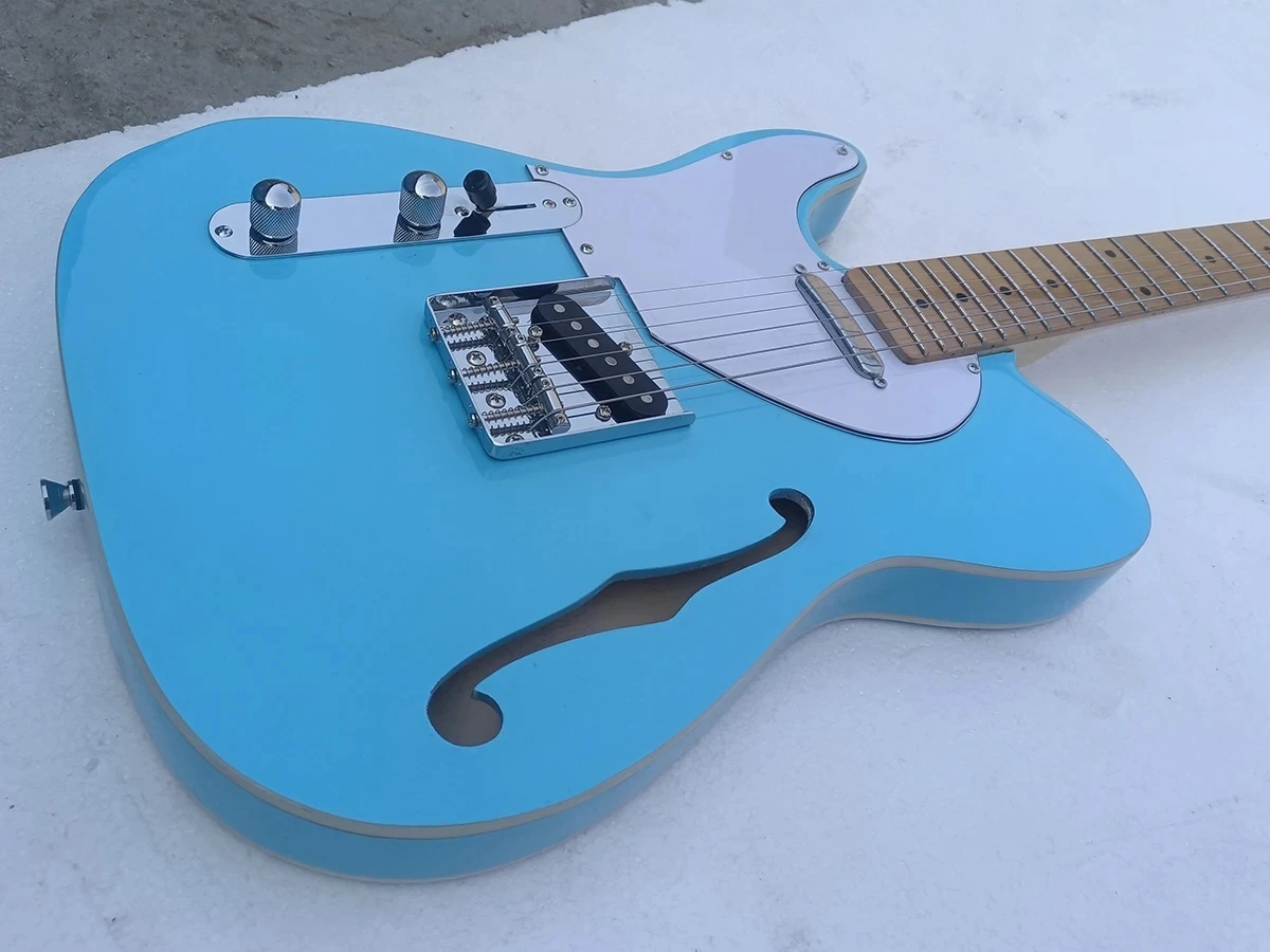 High Quality Left handed Sky Blue 6 Strings  Guitar Maple Fretboard Semi Hollow Body Factory Customizable