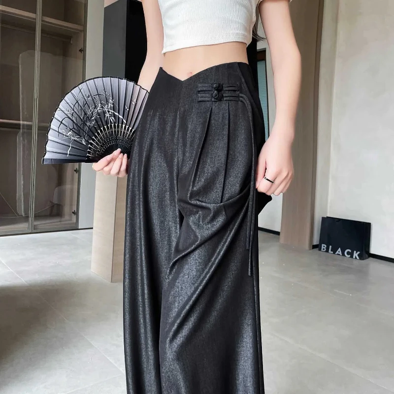 Summer New High Waist Ice Silk Loose Wide Leg Pants Solid Color Simplicity Vintage Straight Pants Fashion Casual Women Clothing