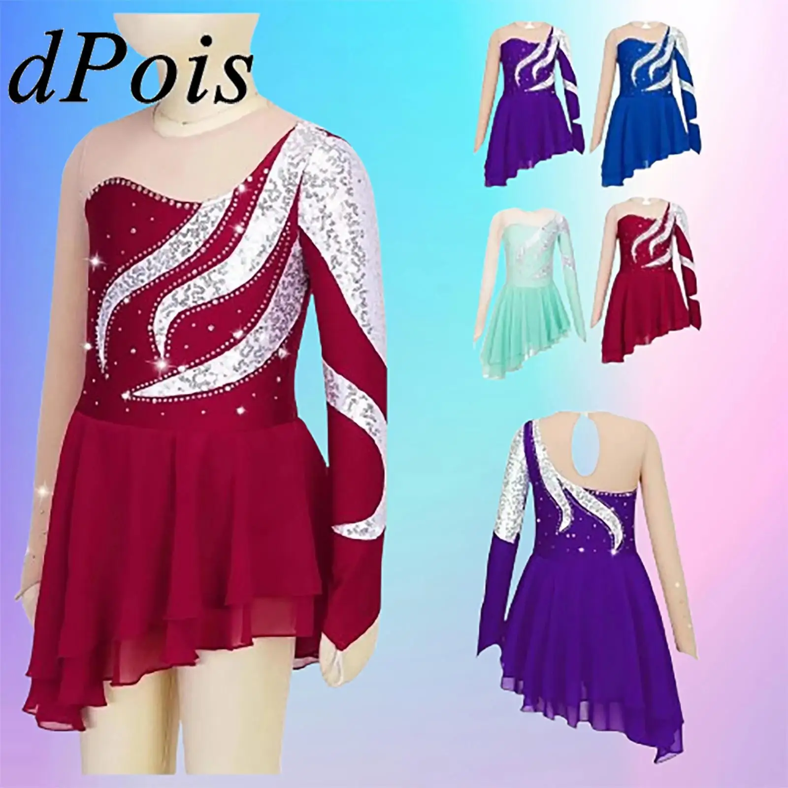 

Детское платье для фигурного катания, блестящее платье с блестками для девочек, танцевальные костюмы для соревнований, сценические костюмы, детский балетный гимнастический купальник