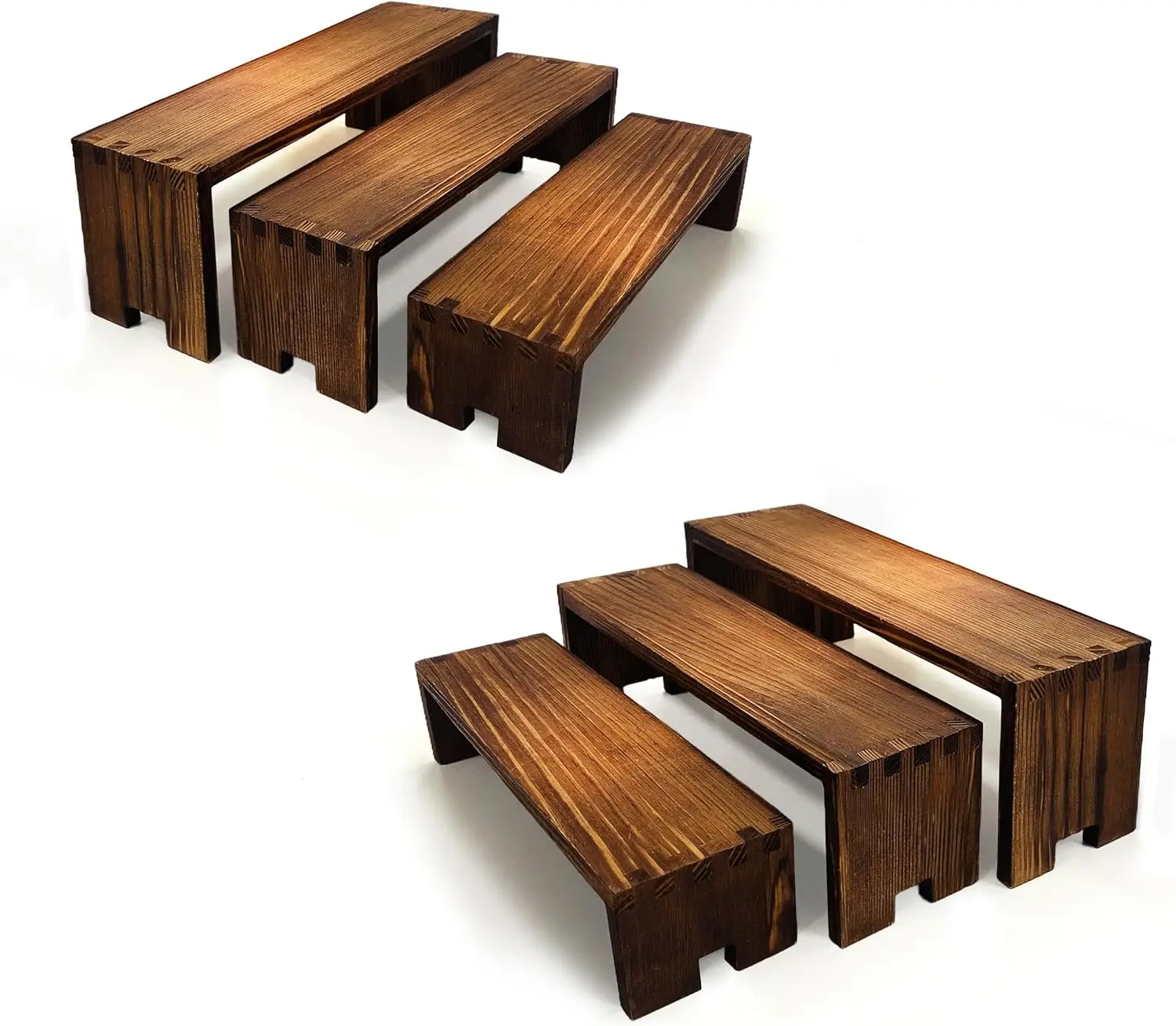 

2-Pack Wood Display Risers, 9.4"-7.8" Graduated Sizes, 3-Tiered Cupcake Stands for Events (Brown)
