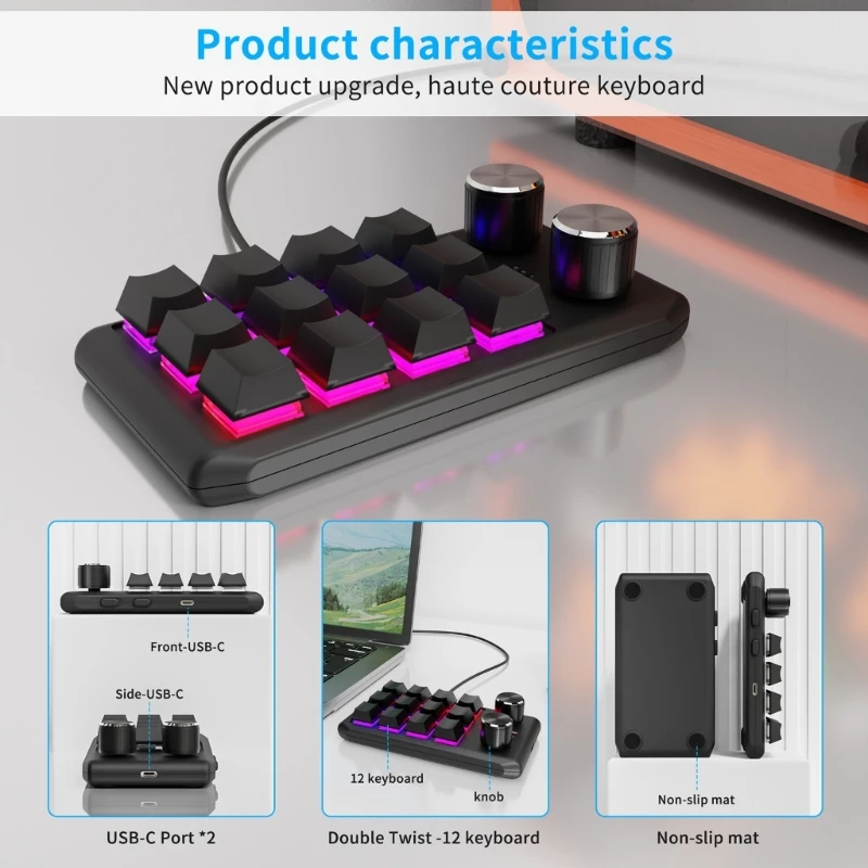 RGB Programmable Keyboard with 12 Keys and Plug-and-Play Macropad One-Handed Mechanical Gaming Keypad forWindows