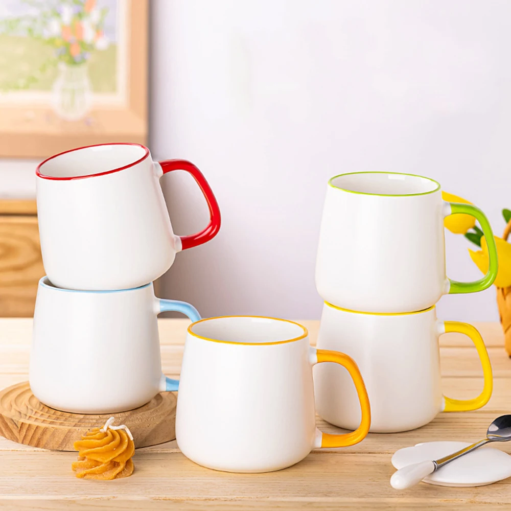 400ml Ceramic Mug Office Home Activity Gift Coffee Cup Creative Splicing Color Matching Edge Color Water Mugs with Cover Spoon