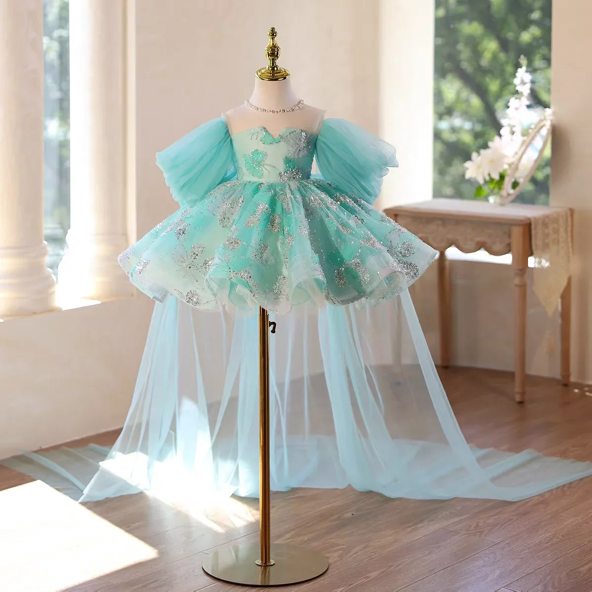 

Custom Flower Girl Dress Wedding Gown Birthday Party Pageant Dress Off Shoulder Sequin High Low Tulle Dress With Train For Girls