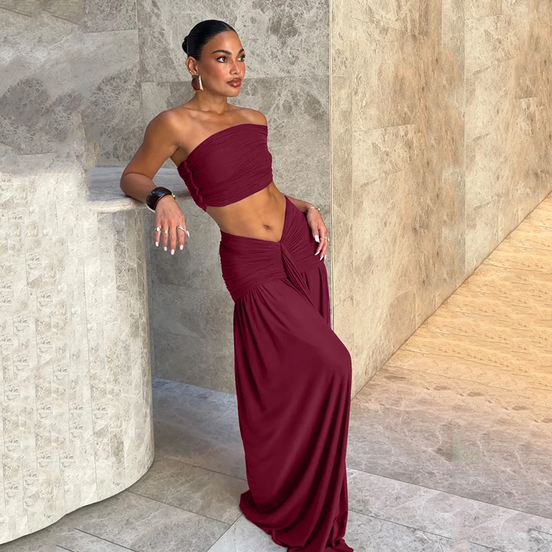 Hugcitar Modische geraffte 2-teilige Sets mit schrägem Kragen, sexy Crop-Tank-Top, Patchwork, plissierter Maxirock, weibliche Strand- und Urlaubsoutfits – Detail 16