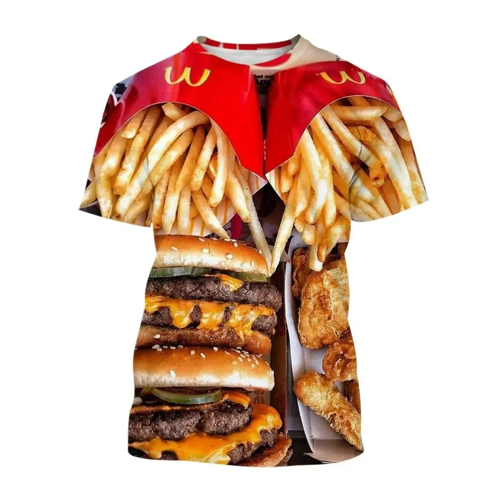 Food Graphic Burger Fries 3D Harajuku Print Fun Casual Men\'s And Women\'s Personality Hip Hop Street O-Neck Short Sleeve T-shirt