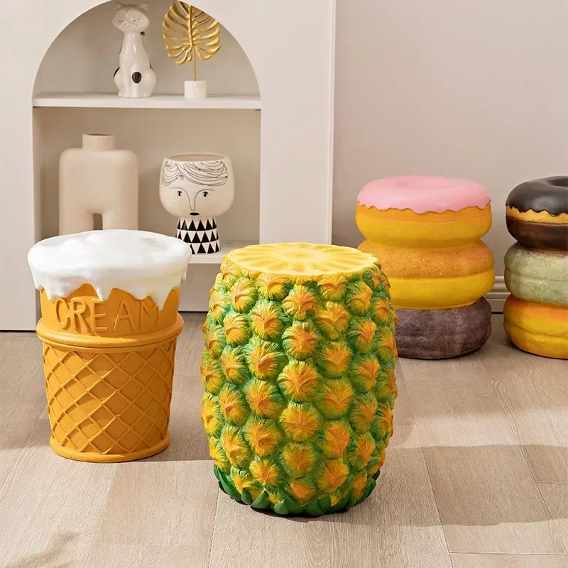 Cream Cartoon Food Donut Dessert Chair Resin Ottomans Stool Corn Ice Corner Side Table for Restaurant Living Room Decor Footrest