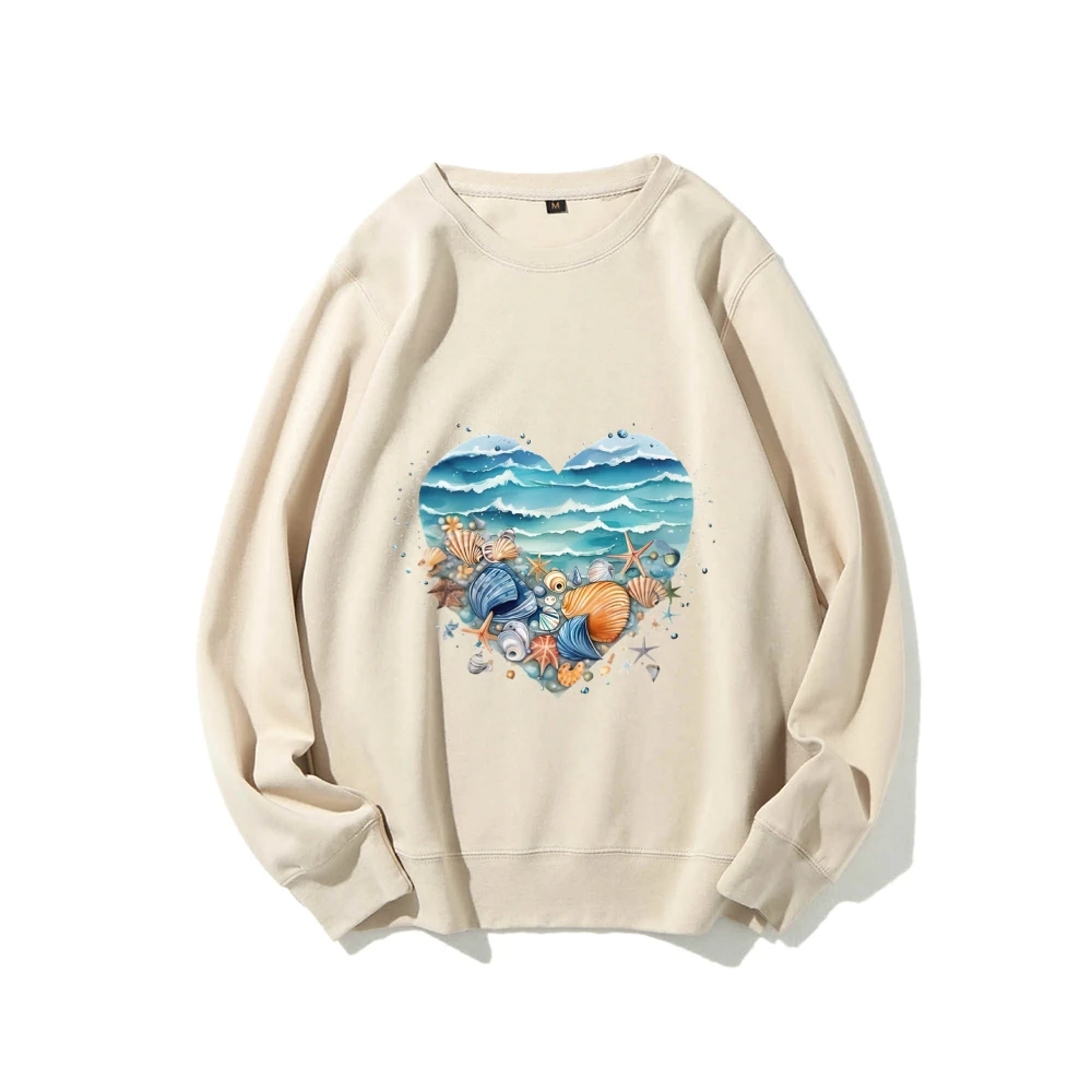 سويت شيرت Y2k برسومات على شكل قلب - على شكل شاطئ مع طباعة قذائف، قماش ناعم رومانسي وساحلي لمظهر كاجوال على شاطئ البحر