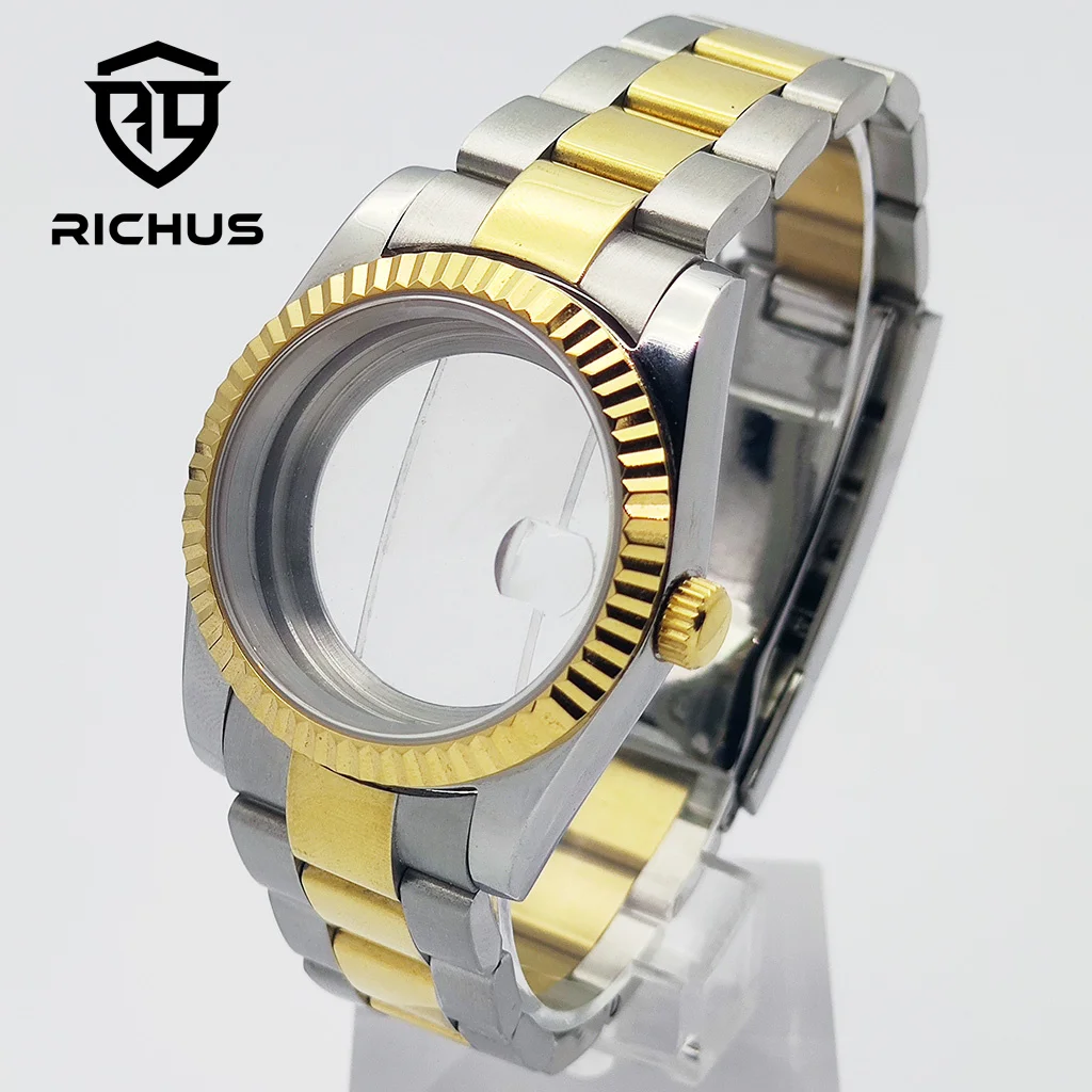

RICHUS 36/39 мм серебристый, золотой корпус для часов, полированный ремешок, подходит для NH34 NH35 NH36 ETA2824 PT5000 Miyota8215-DG, аксессуары для часов с механизмом