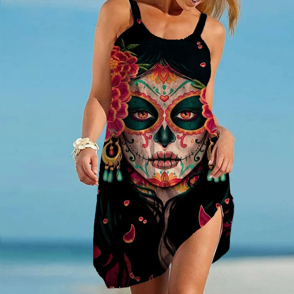 Gotycki Horror czaszka duch halloween Vestido 3D wydrukowane na czarno sukienki plażowe bez rękawów damskie Camisole Costum Y2K hawajskie