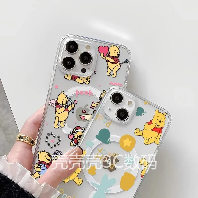 Niedliche Pooh-Bären-Magnet-Handyhülle für Samsung Galaxy S25 S24 S23 S22 S21 S20 FE Edge Plus Ultra 5G Soft Clear TPU Cover
