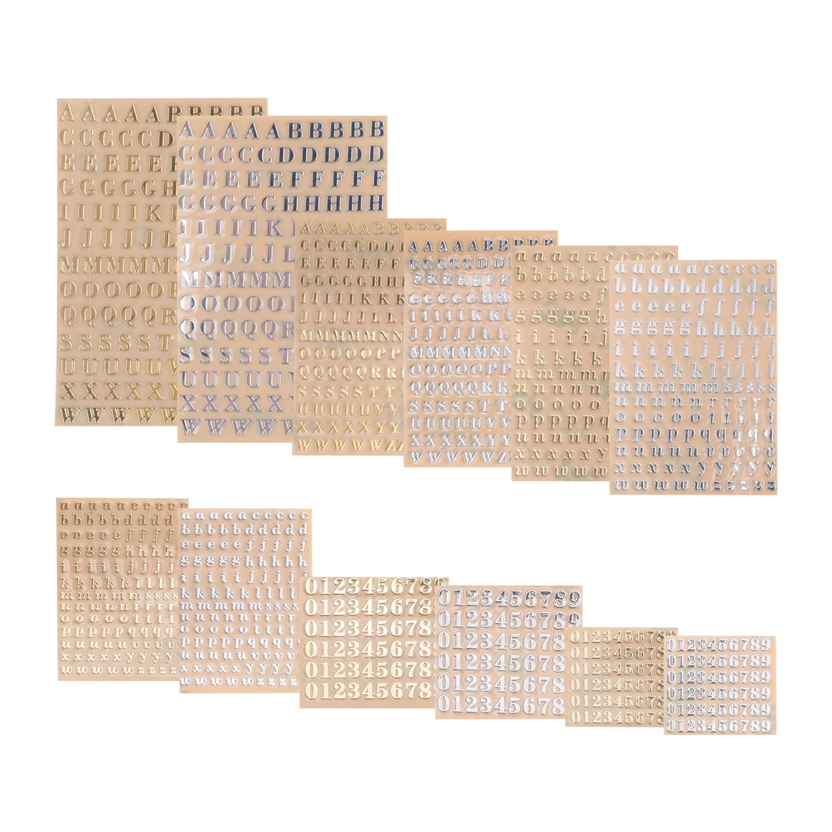 정성적 12 시트 문자 수지 스티커, 작은 알파벳 숫자 스티커, 합금, 자체 접착, 금색 및 은색, 3mm/4.5mm Ta
