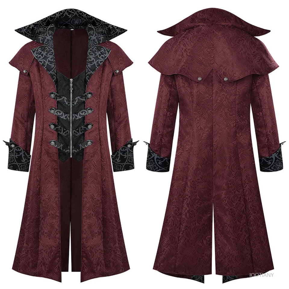 ZNZHKR Mens Steampunk PU Leather Jacket with Hood - Gothic Victorian Vampire Coat Medieval Adjustable Tailcoat Gear - Tamaño Medium - Color Black