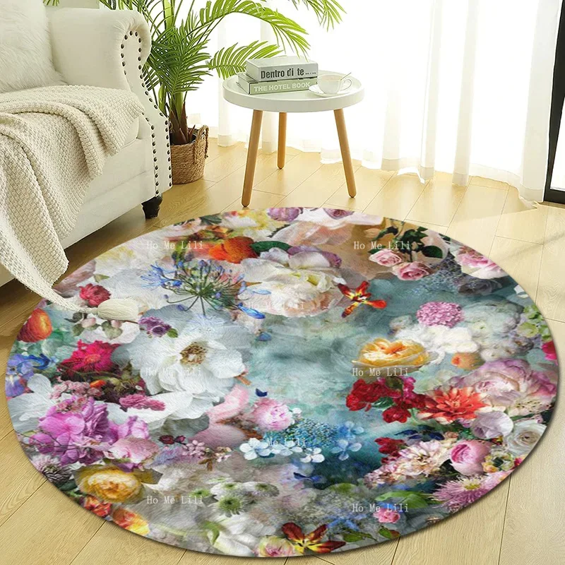 

Stylish Retro Flowers With Her Bright Colors And Uplifting Art Round Mat Non Slip Flannel Floor Rugs By Ho Me Lili