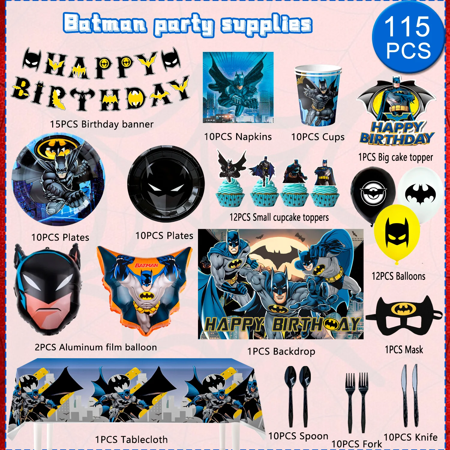 Bat Party Decorations,115pcs Decorations&Bat Party Tableware Set-Bat Decorations Balloons Banner&Tablecloth Plates Cups etc