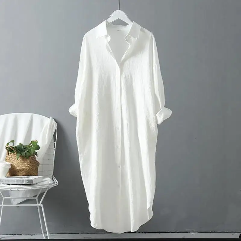 Robe mi-longue en coton et lin pour femmes, manches longues, ample, décontractée, confortable, boutons blancs, mode automne 2024