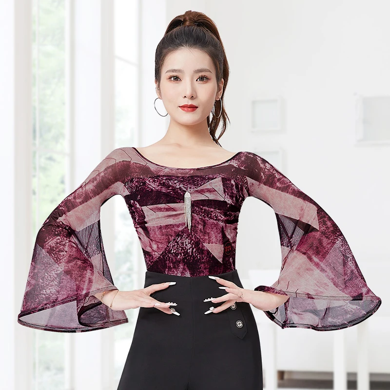 

2023 New Latin Dance Tops For Women Chacha Rumba Tango Dress Flare Sleeves Modern Dance Shirts Latin Practice Clothes DN16579