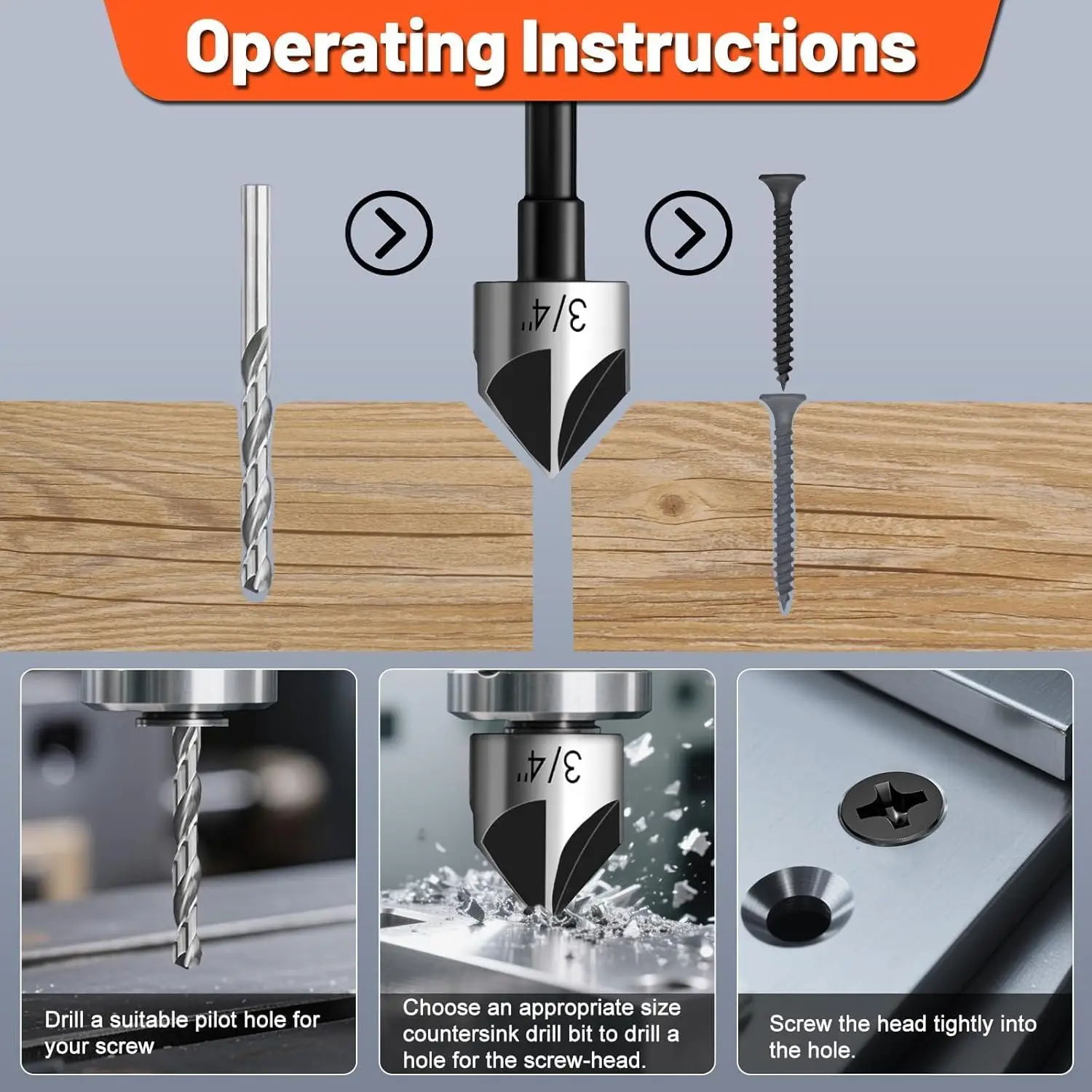 5 Pcs Countersink Drill Bit Set, 1/4" Shank HSS4241 for Steel, Wood, Metal & Plastic, 1/4"-3/4" Sizes - view 4