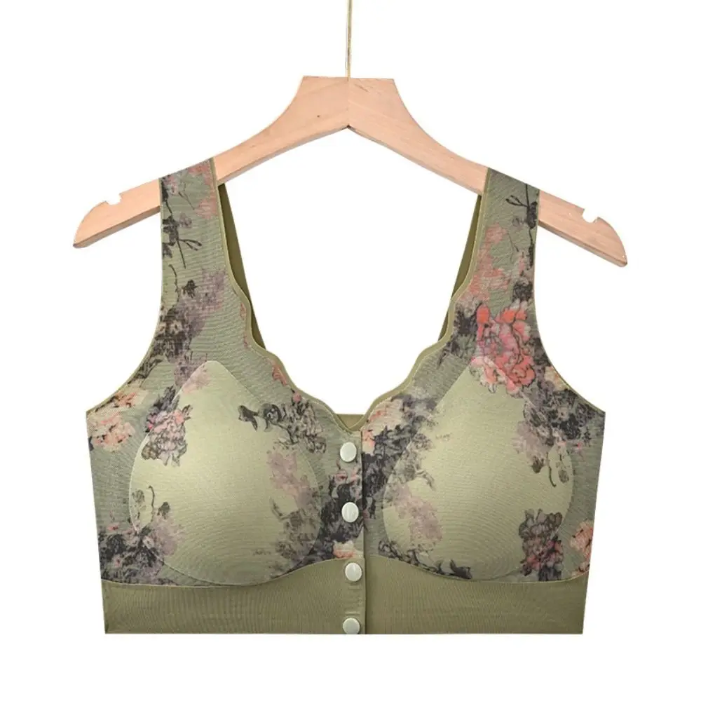 Floral Mother's Wireless Bra Large Size Front Buckle Mid-aged Elderly Brassiere Gathered Breasts Shockproof