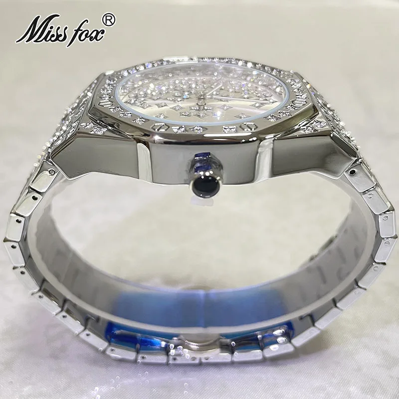 Hip Hop Brand MISSFOX Sliver Fashion Iced Watch For Mens Luxury Diamond Automatic Date Clocks Full Steel Waterproof Watches Male