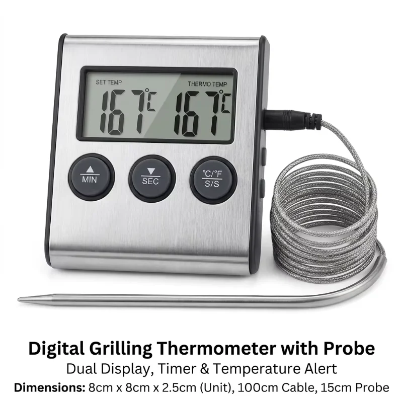 Digital Kitchen Cooking Thermometer with Probe for Meat Food Temperature Heat Meter for Oven BBQ Grill with Timer Function