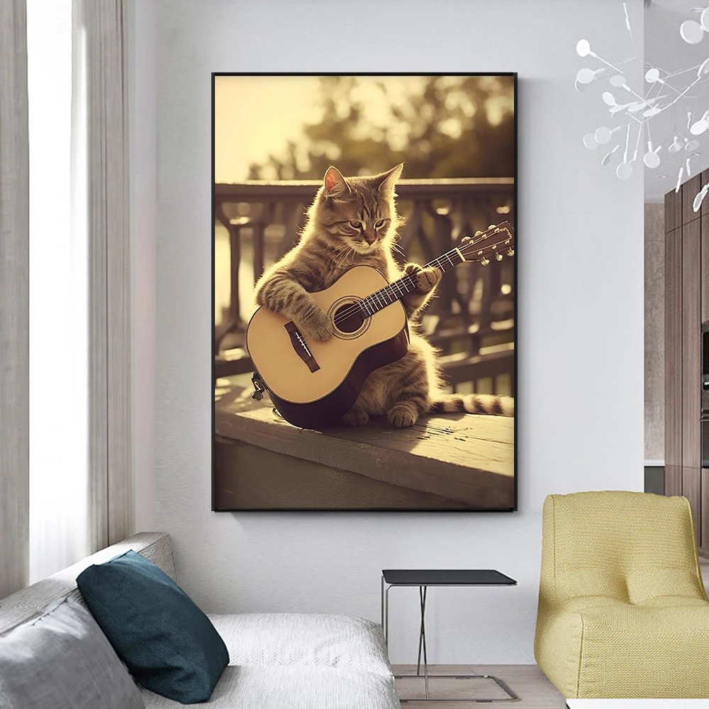 

Funny Vintage Cat Sitt On A Bench Playing Guitar Wall Art Canvas Poster Home Decor Kids Bedroom Living Room Decoration Gift