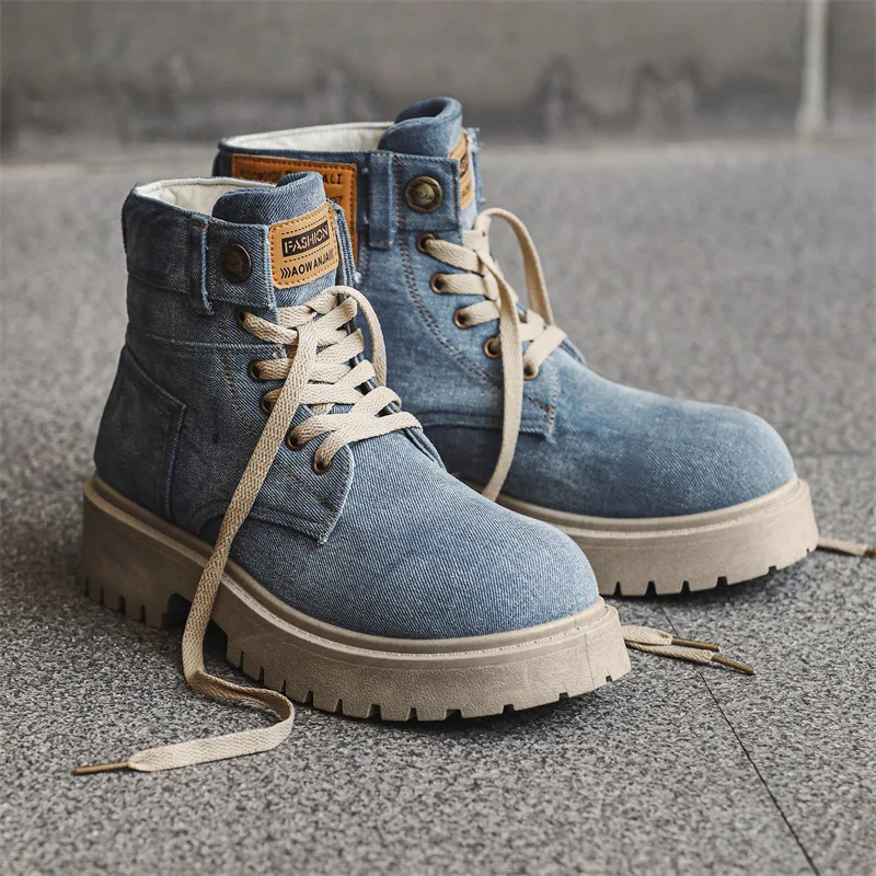 Men Platform Denim Boots Vintage Design Ankle Shoes Male Brand High Quality Comfortable Boots Cool Casual Lace Up Outdoor Shoes