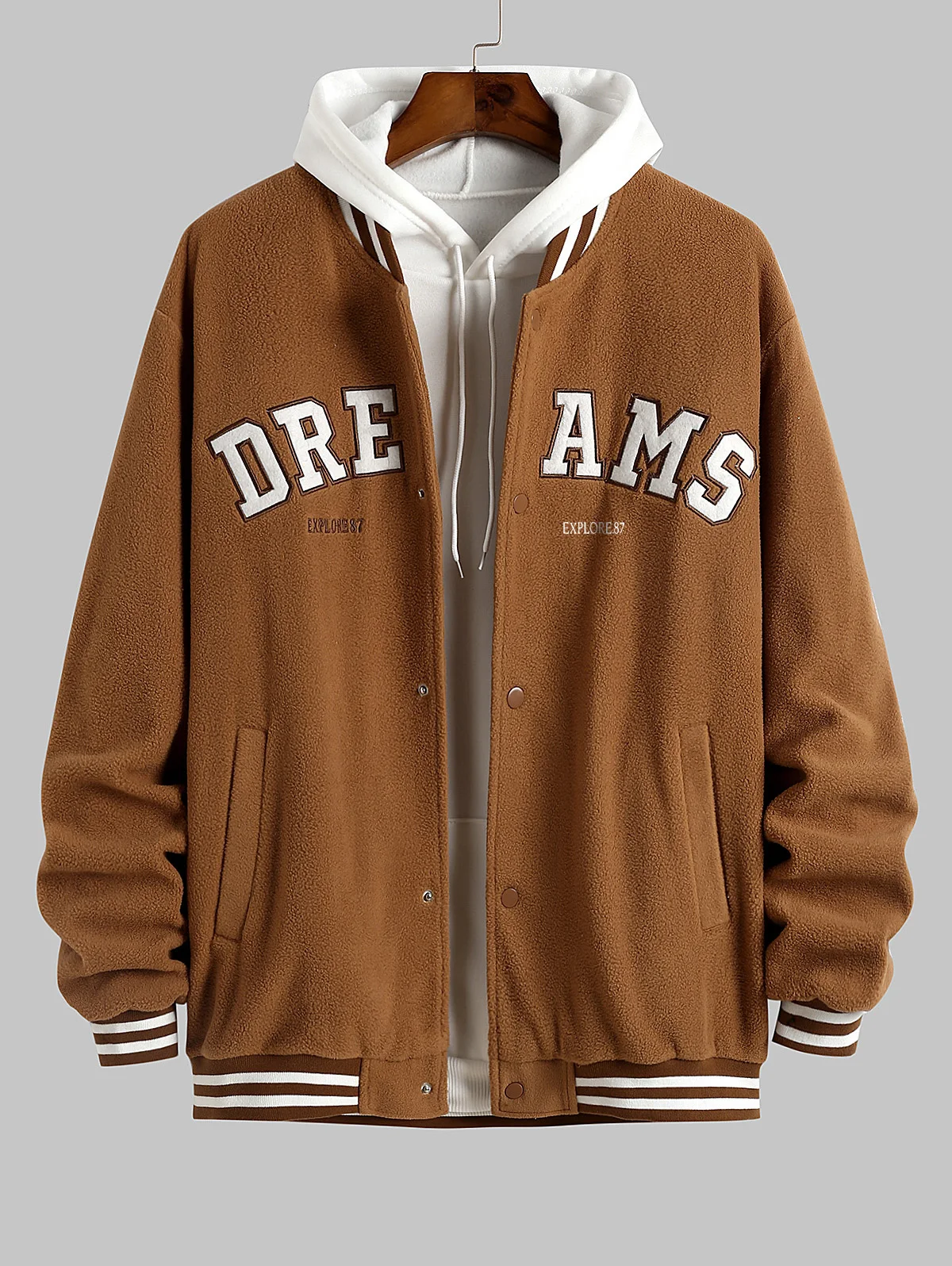 

ZAFUL Men's DREAMS Embroidered Fuzzy Polar Fleece Baseball Collar College Style Jacket