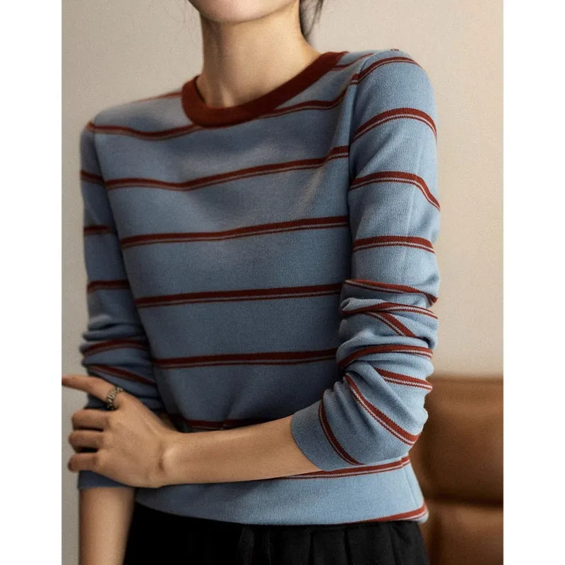 New Autumn and Winter Fashion Retro Contrast Stripe Round Neck Versatile Slim and Simple Women\'s Knitted Long Sleeve Sweater