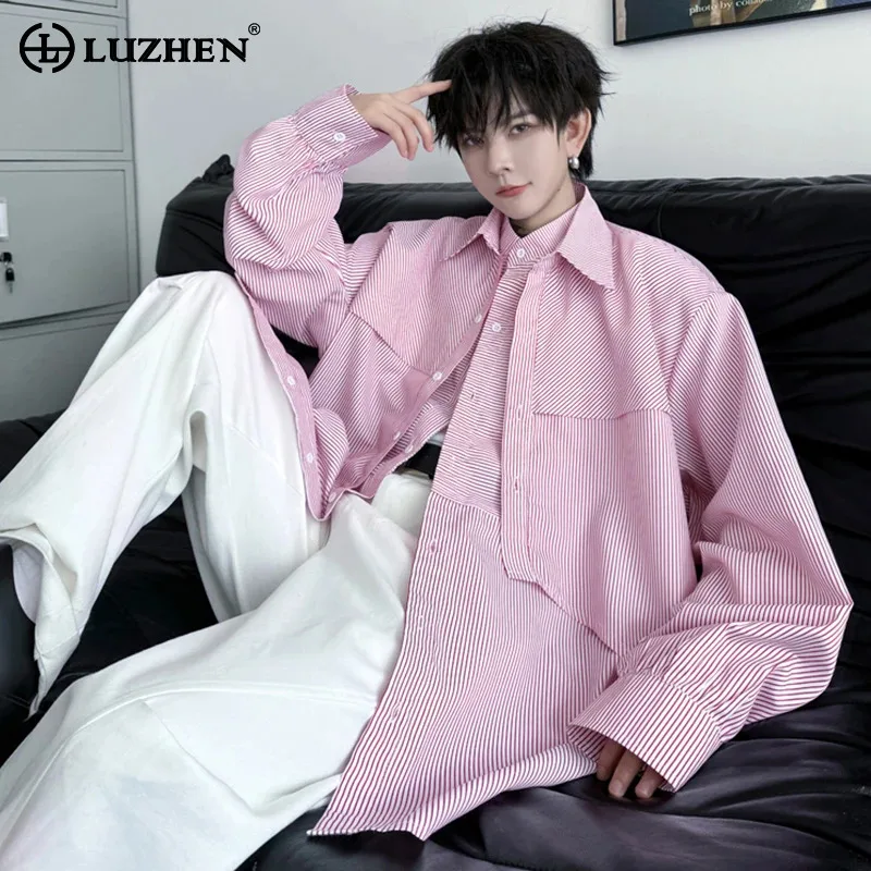 

LUZHEN Fake Two Piece Long Sleeve Shirt For Asymmetric Splicing Design 2024 Casual Trendy Loose Korean Youth Men's Tops LZ5002