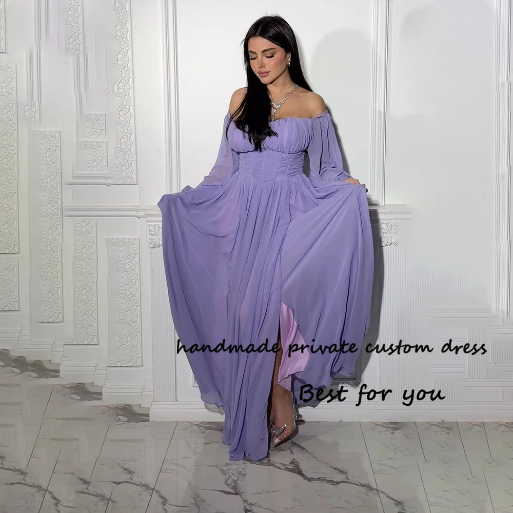 

Lavender Chiffon Evening Dresses with Sleeve Off Shoulder A Line Prom Party Dress with Slit Arabic Dubai Formal Event Gowns