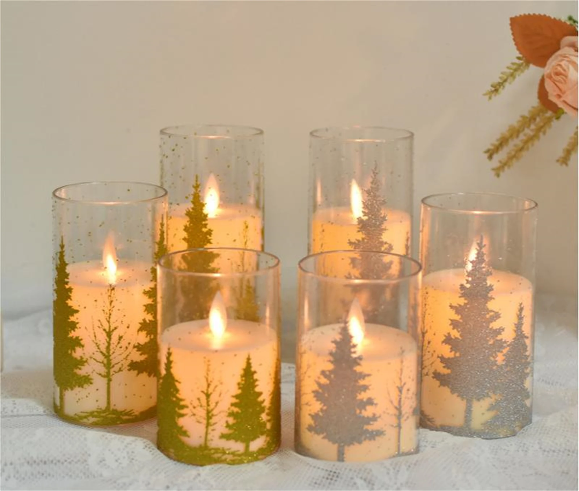 Set of 3 Pattern Tree Flameless pillar Candle with diameter 3