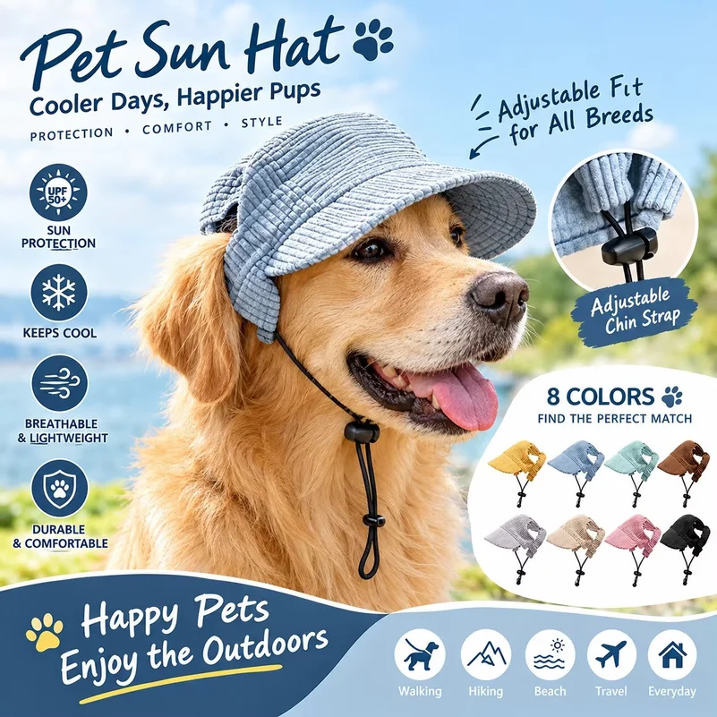 Corduroy Pet Sun Hat Dog Baseball Cap Breathable Puppy Hat for Corgi Poodle Outdoor Travel Sun Protection Adjustable Chin Strap