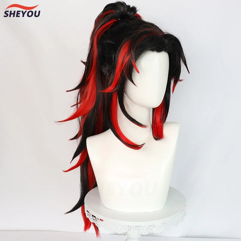 Tsugikuni Yoriichi Cosplay Wig Anime Long Black And Red With Ponytail Heat Resistant Synthetic Hair Anime Cosplay Wigs + Wig Cap