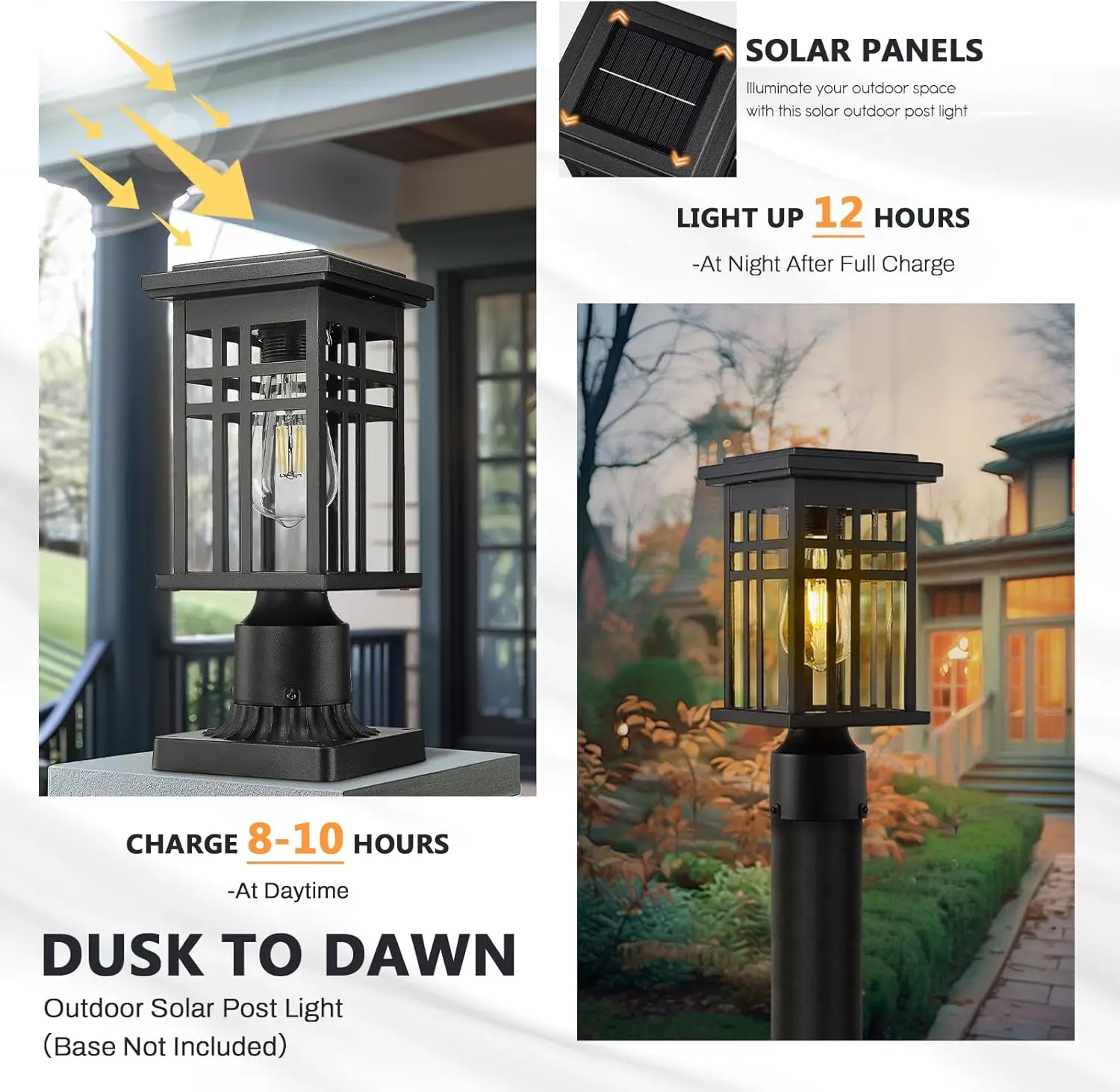 Poste de luz solar de 12 pulgadas, lámpara moderna para exteriores con control remoto, aluminio, acabado negro, vidrio transparente