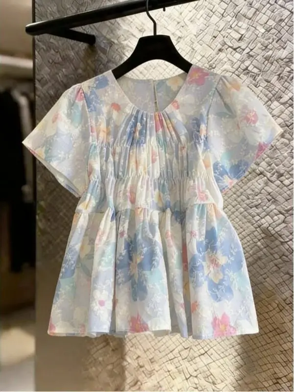 

Summer New Style Women's Loose Fit Short Sleeve Embroidered Floral Print Cotton Shirt Korean Style round Neck Moisture Wicking
