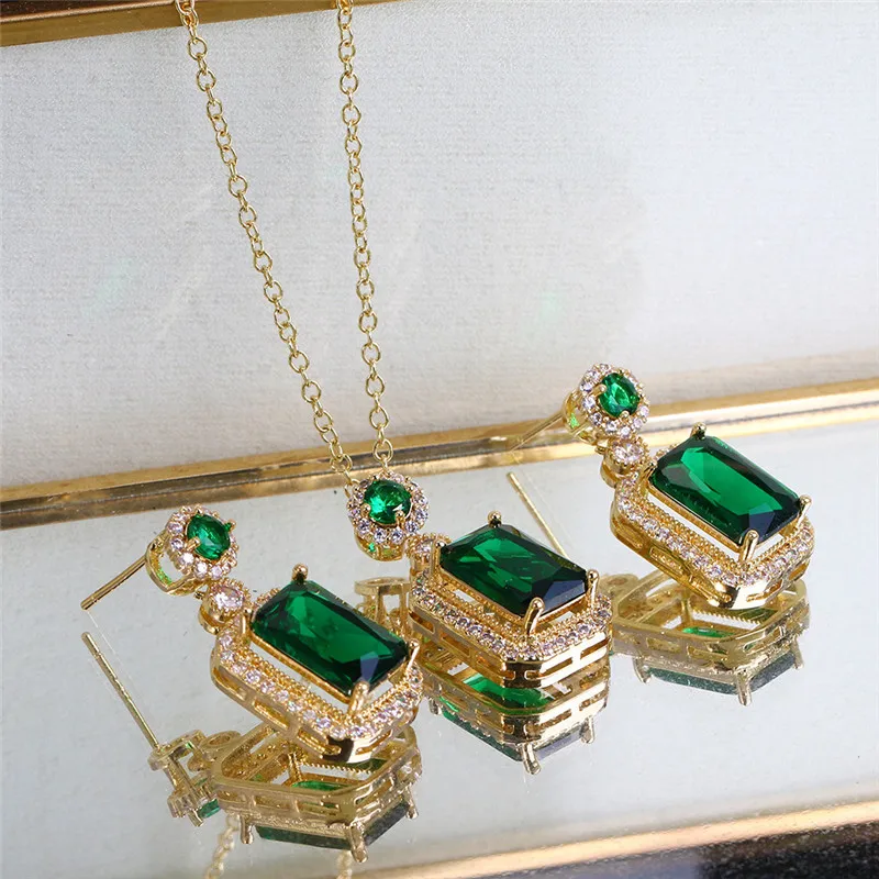 316L Stainless Steel Chain Red Blue Green Square Zircon Earrings Necklace Women's Set Turkish Jewelry Conjuntos De Joias