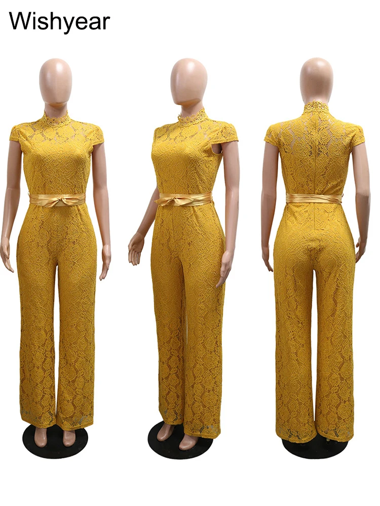 Nowy seksowny żółty koronkowy kombinezon z prześwitującymi elementami, wycięciami, krótkim rękawem, damski, z szerokimi nogawkami, jednoczęściowy strój streetwearowy, ogrodniczki.