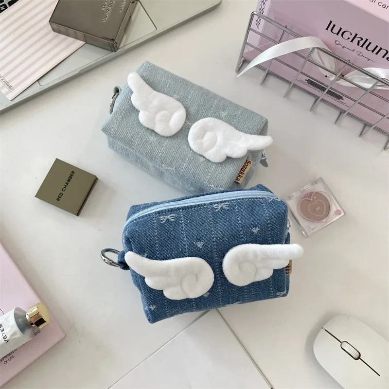 귀여운 천사 한국 날개 별 데님 동전 지갑 2025 빈티지 블루 미니 핸드백 학생 휴대용 화장품 주최자 지갑